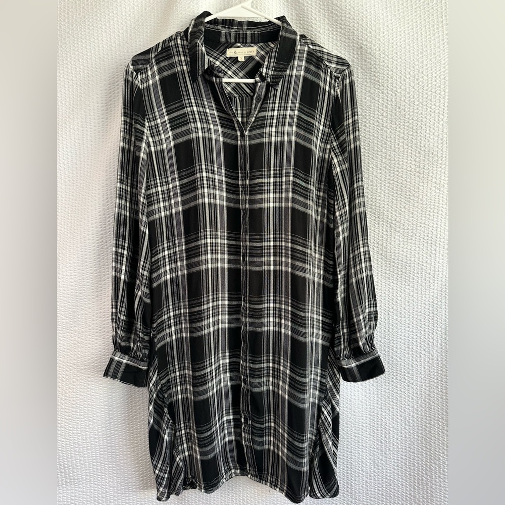 LOU & GREY for LOFT Black White Plaid Button Front Shirt Dress Small Long Sleeve